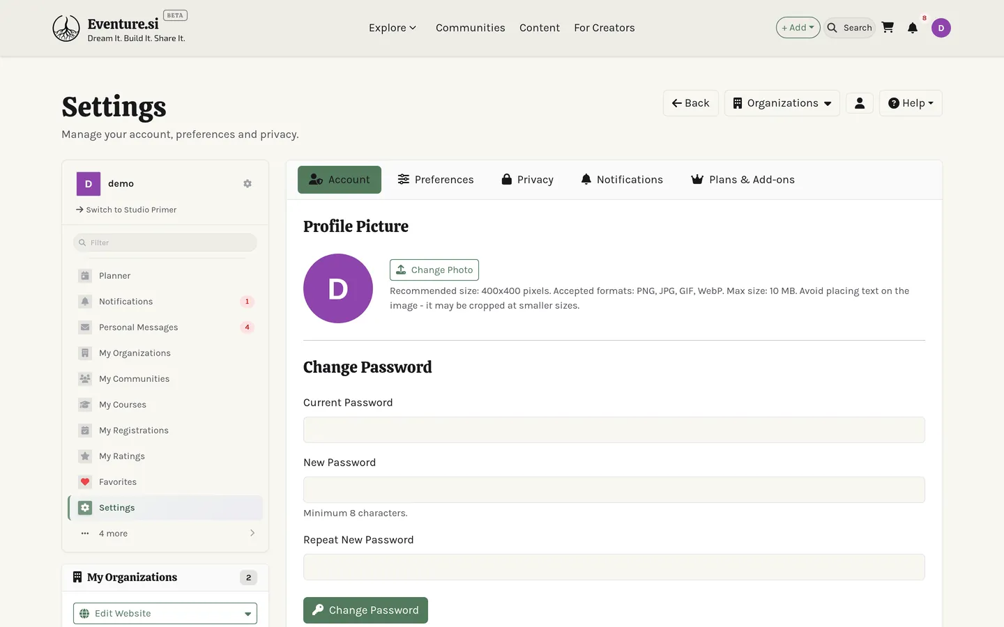 The Settings page: the Account, Preferences and Privacy tabs, plus the ones your role adds.