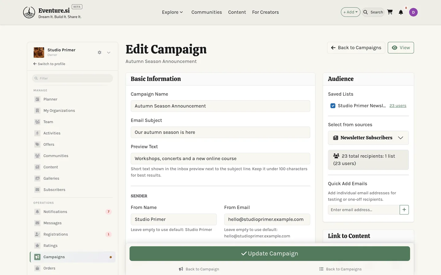 The campaign editor with a list attached and a test send ready.