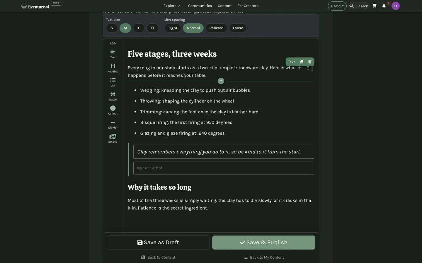 My Content: the block editor building a post.