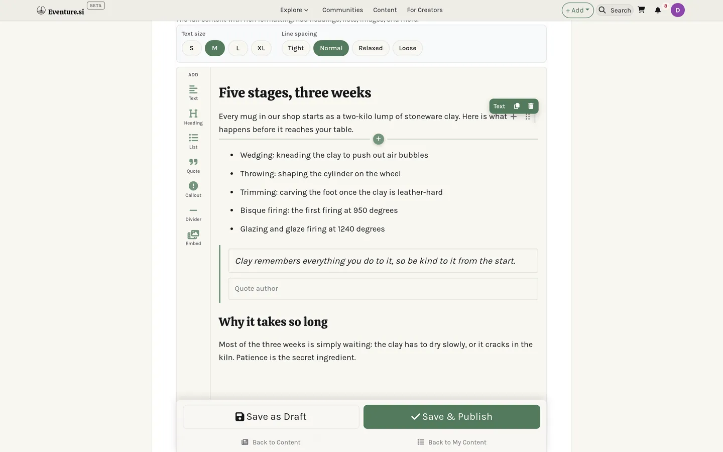 My Content: the block editor building a post.