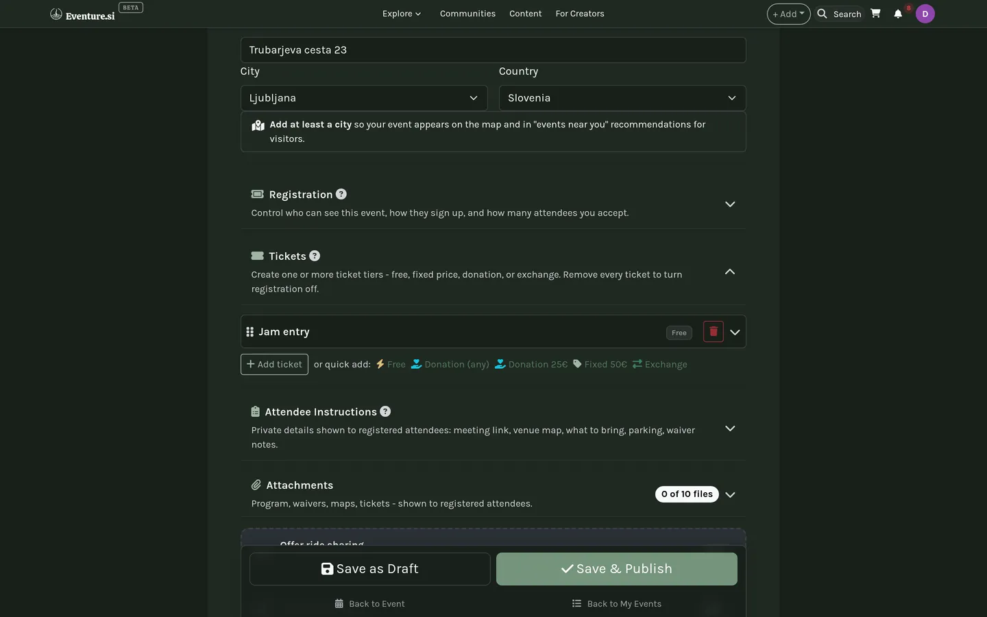 The event form, built from collapsible cards.