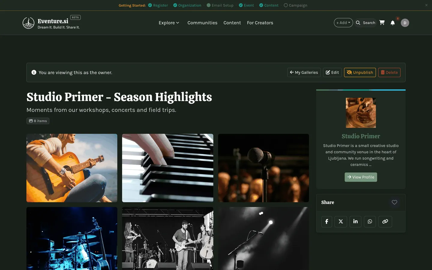 A gallery in grid layout with an album open.