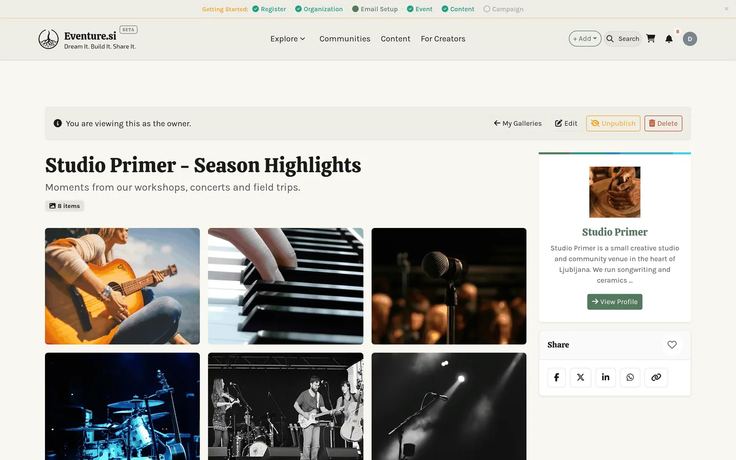 A gallery in grid layout with an album open.