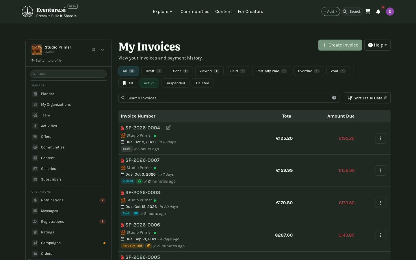 My Invoices: the status counts and filters above the list.