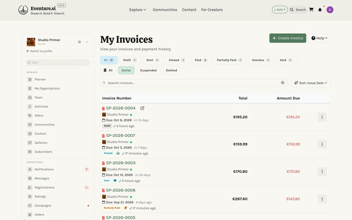 My Invoices: the status counts and filters above the list.