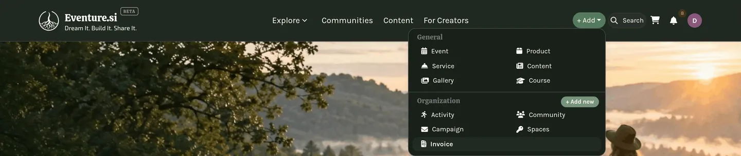 The + Add menu open, showing what you can create right now.