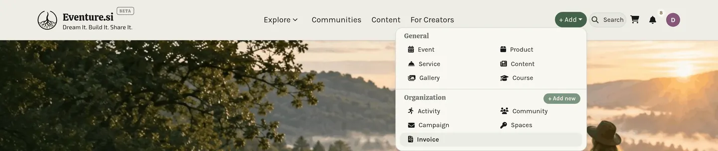 The + Add menu open, showing what you can create right now.