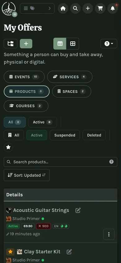 The same My-section page on a phone: the sidebar collapsed into a drawer.