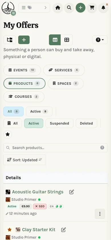 The same My-section page on a phone: the sidebar collapsed into a drawer.