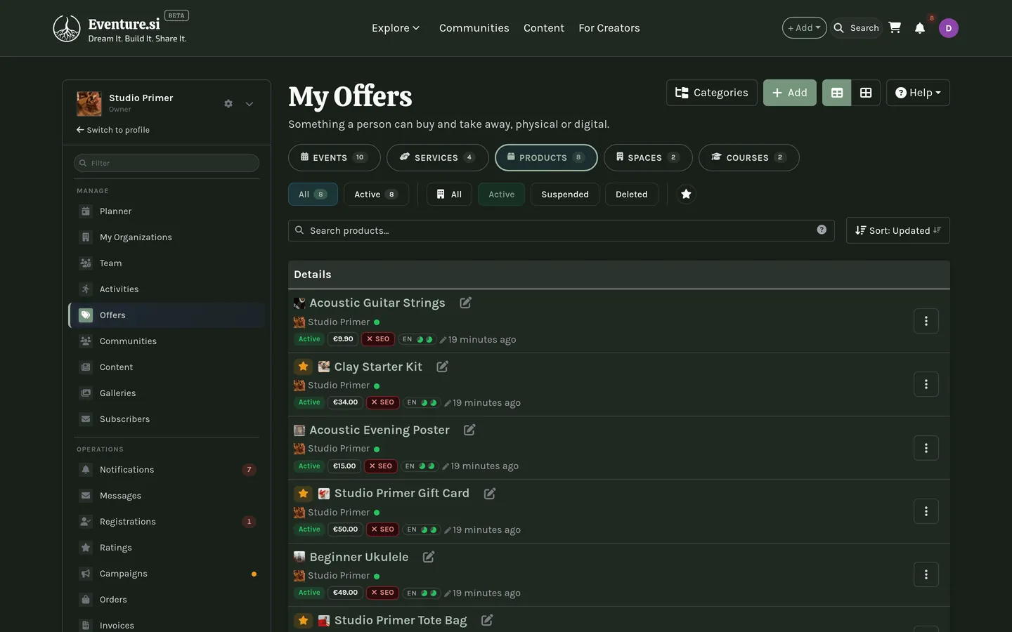 A My-section page: the sidebar's Manage and Operations groups next to the page content.