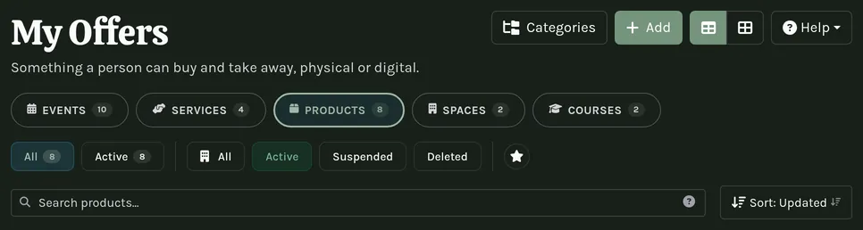 A page header close up: title, actions, the Help button, and filter tabs.