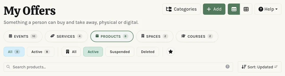 A page header close up: title, actions, the Help button, and filter tabs.