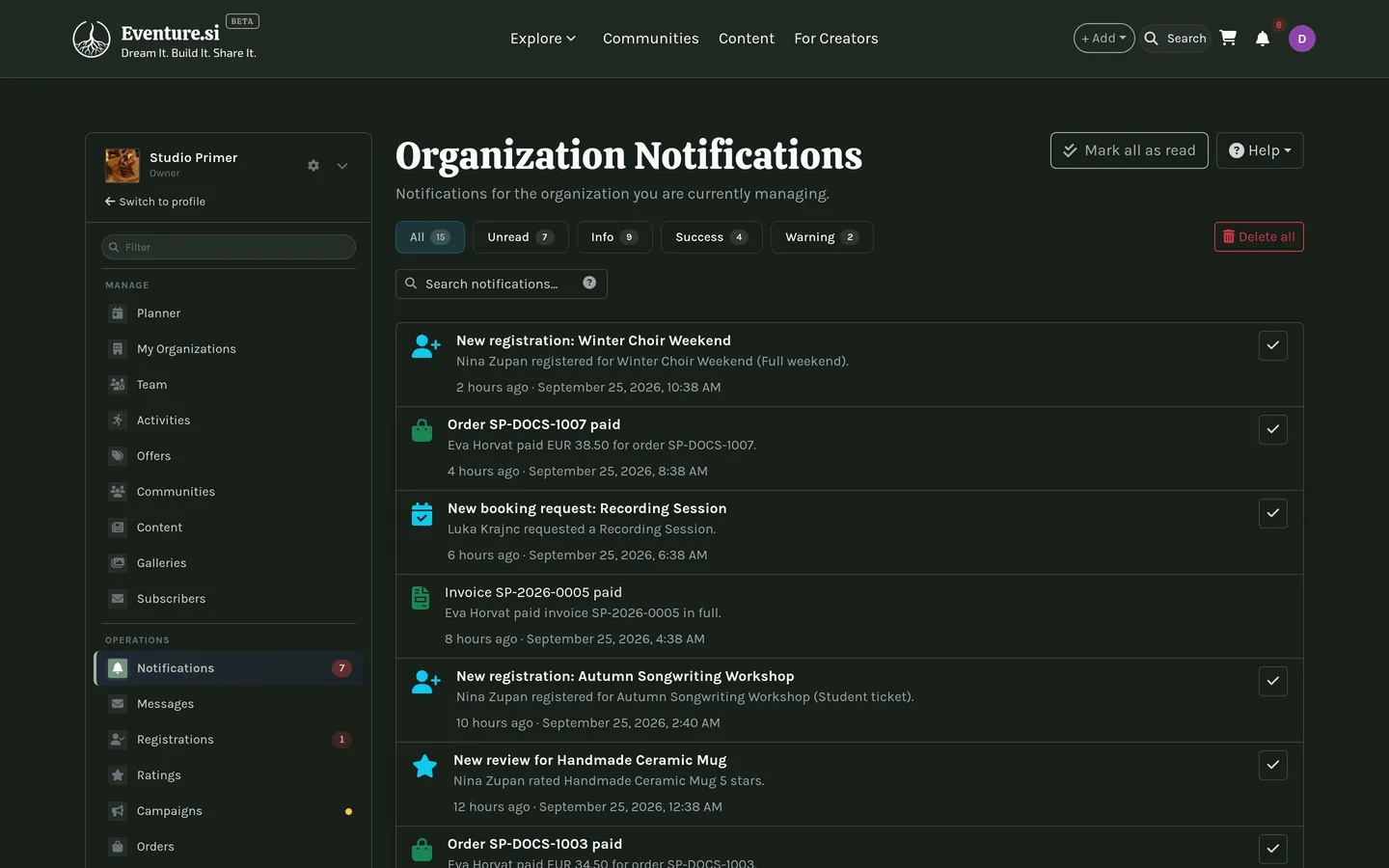 The notification center: personal and organization feeds.