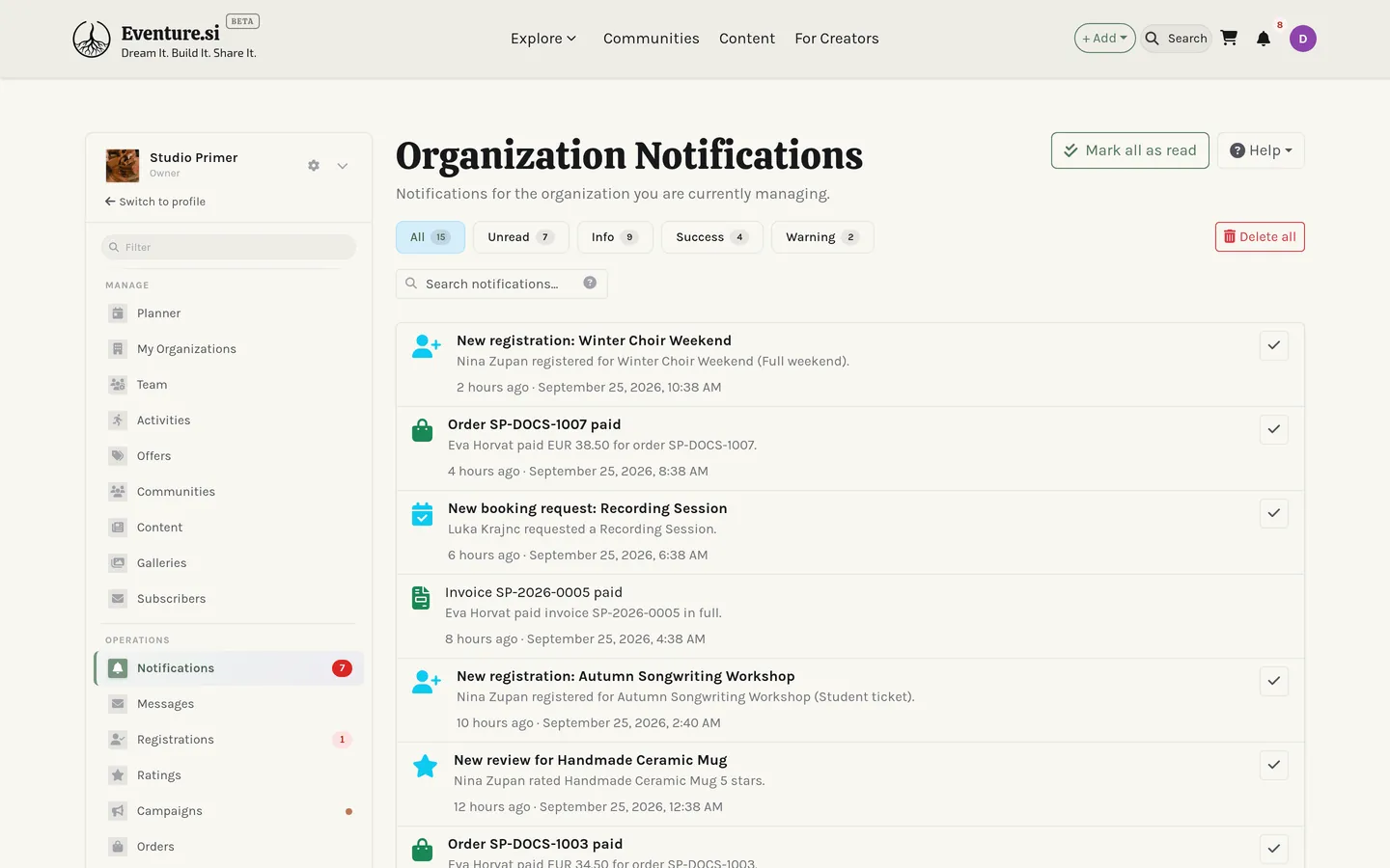 The notification center: personal and organization feeds.
