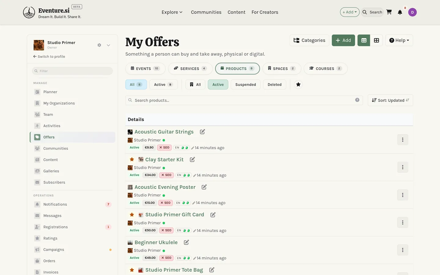 The My Offers hub: the Events, Services, Products, Spaces, and Courses tabs.
