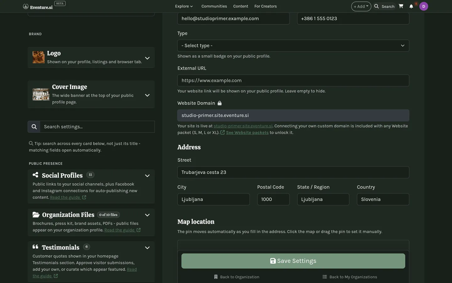 The Settings page's right sidebar: Brand, Public presence, Audience & marketing, and Money & legal cards, each with its own Help icon.