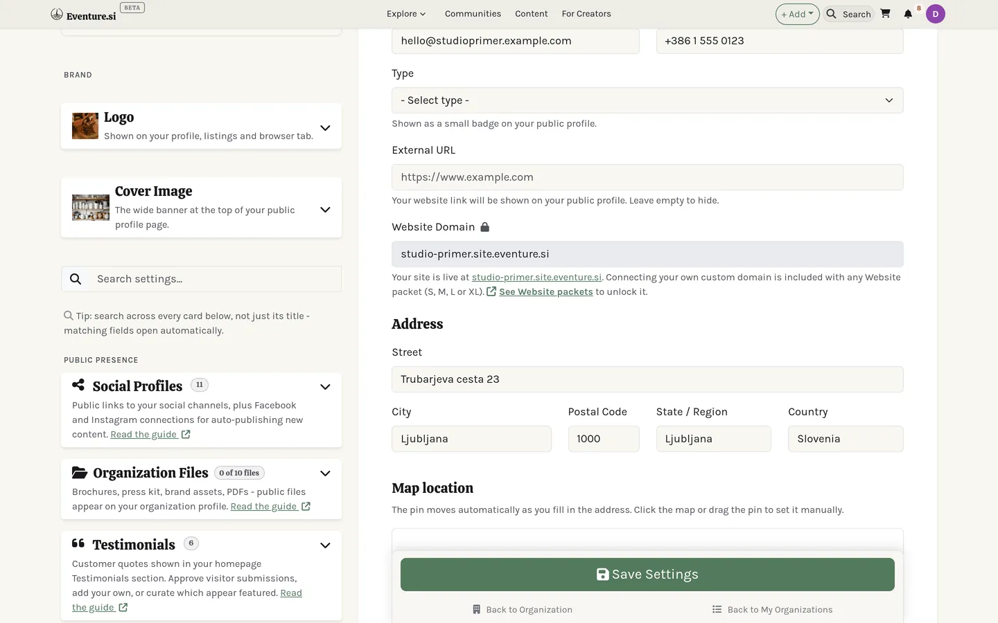 The Settings page's right sidebar: Brand, Public presence, Audience & marketing, and Money & legal cards, each with its own Help icon.