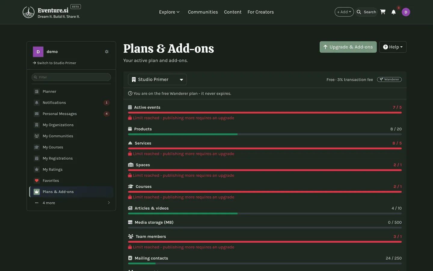 The Plans & Add-ons page: your tier, quotas, and recent orders.