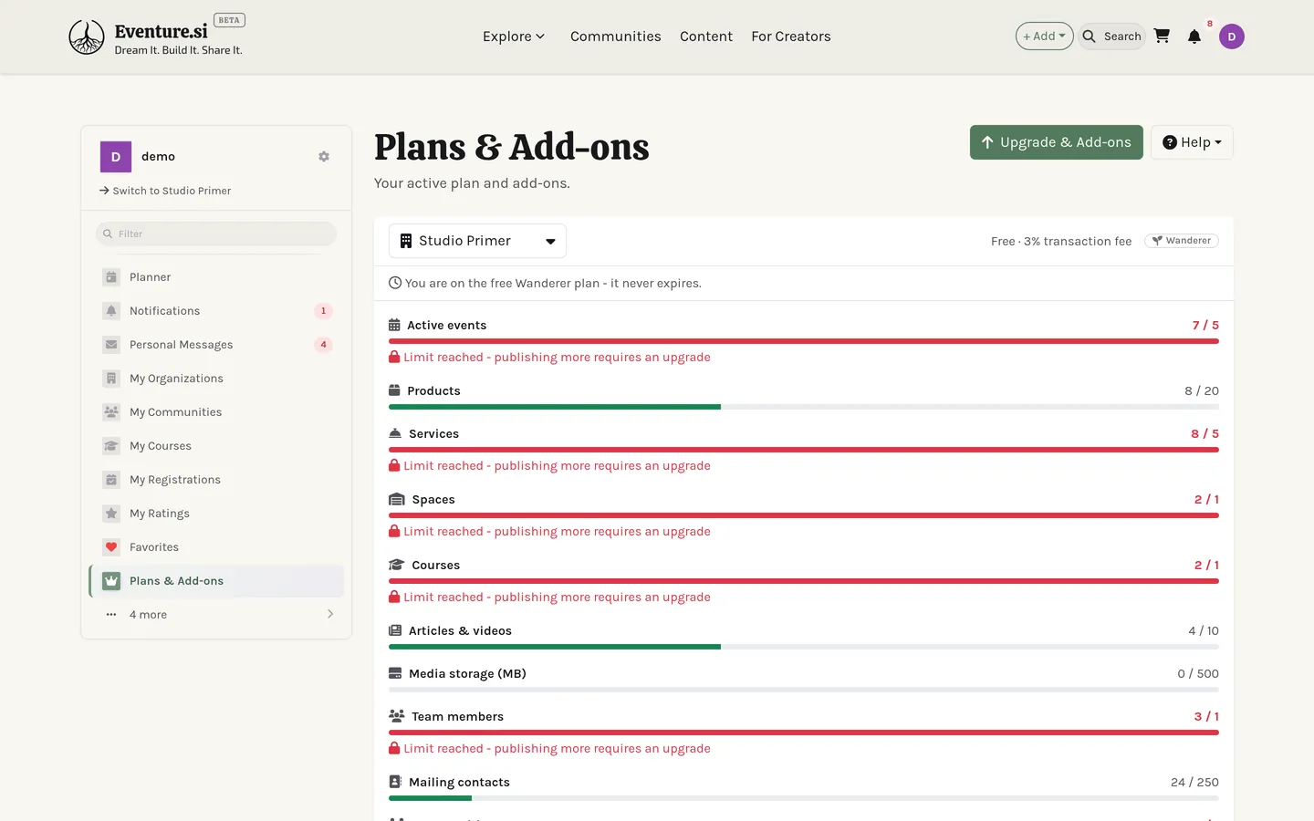 The Plans & Add-ons page: your tier, quotas, and recent orders.
