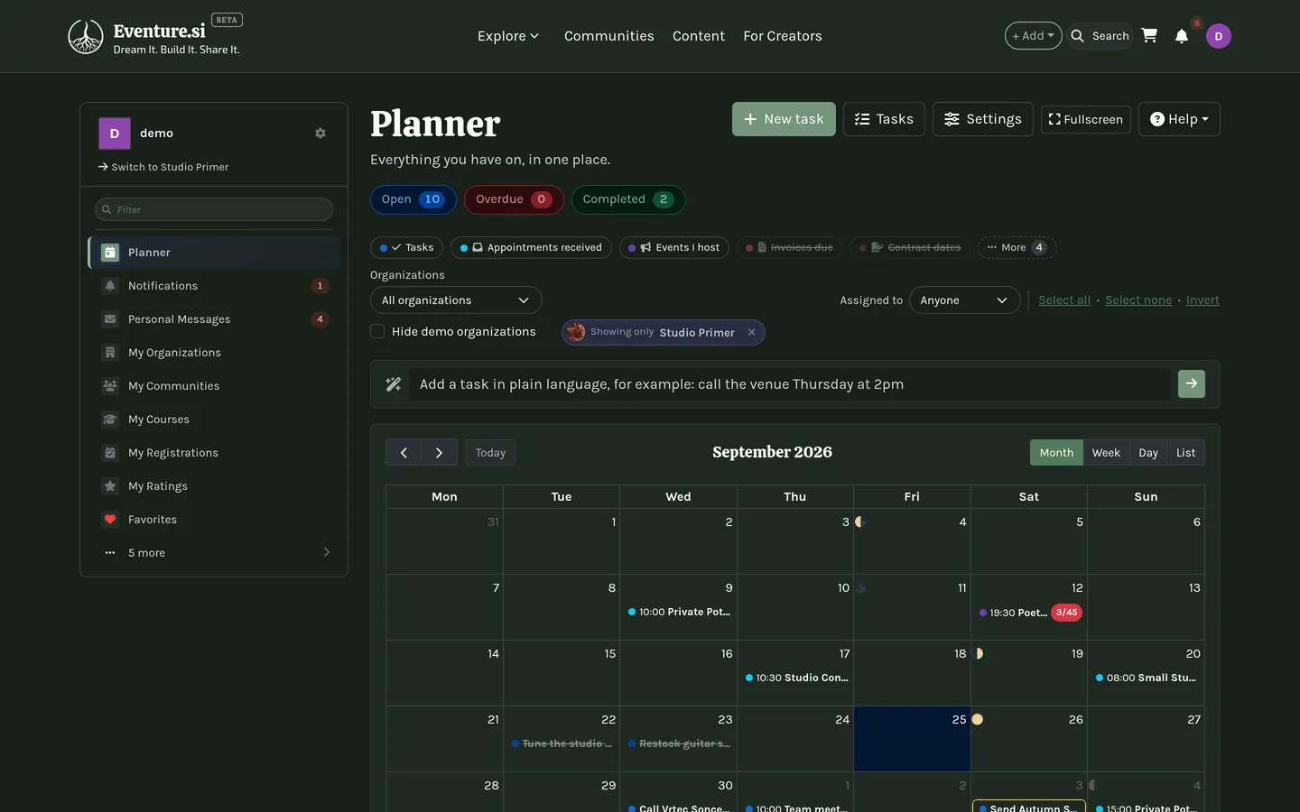 The Planner: the calendar with its source chips and the Quick Add box open.
