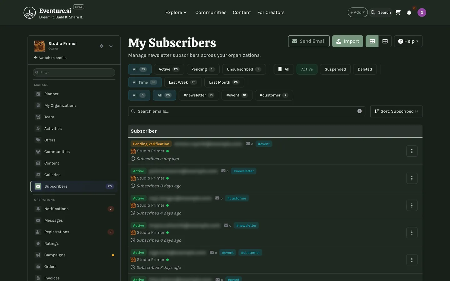 My Subscribers: the verified list with its source tags.