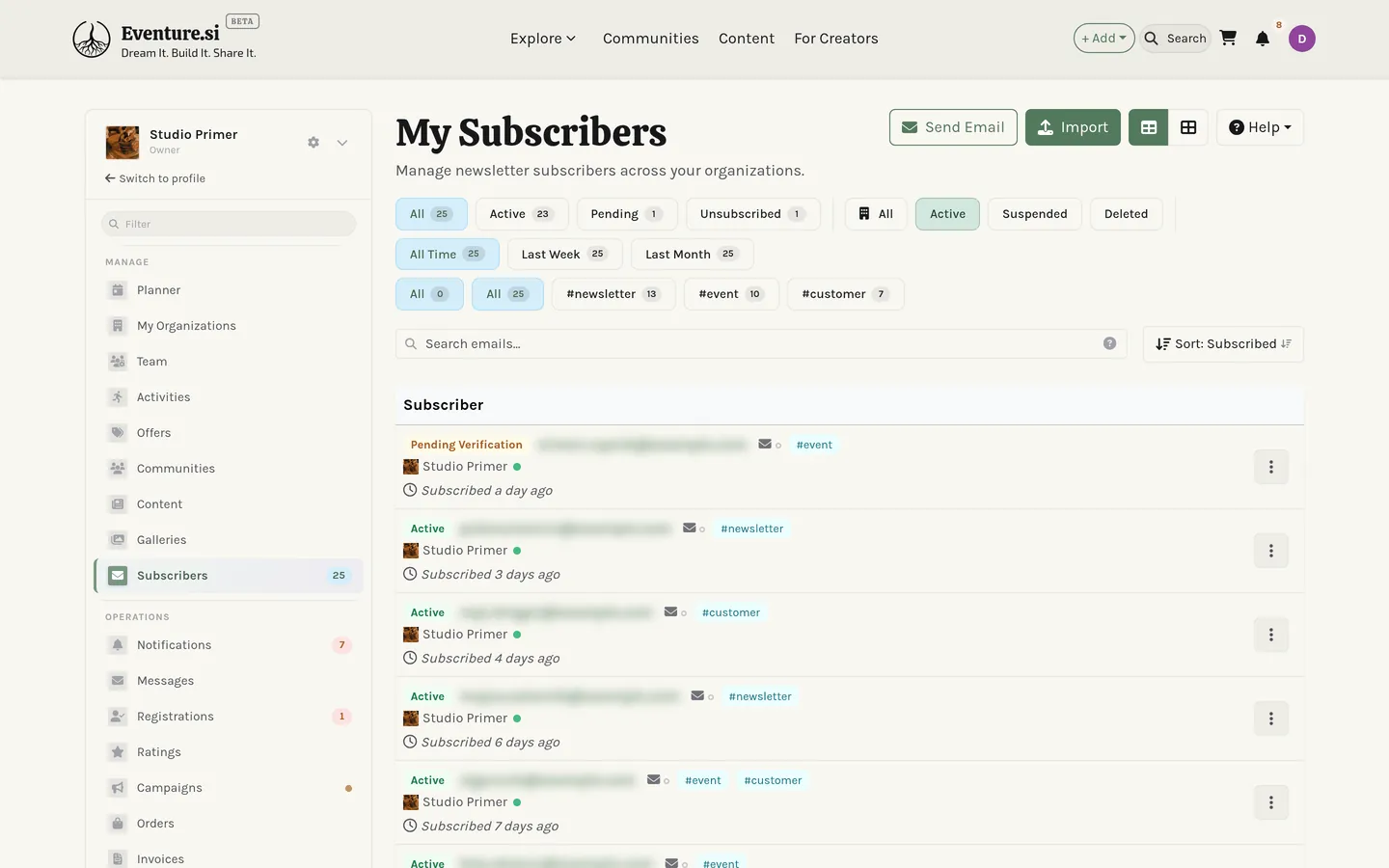 My Subscribers: the verified list with its source tags.