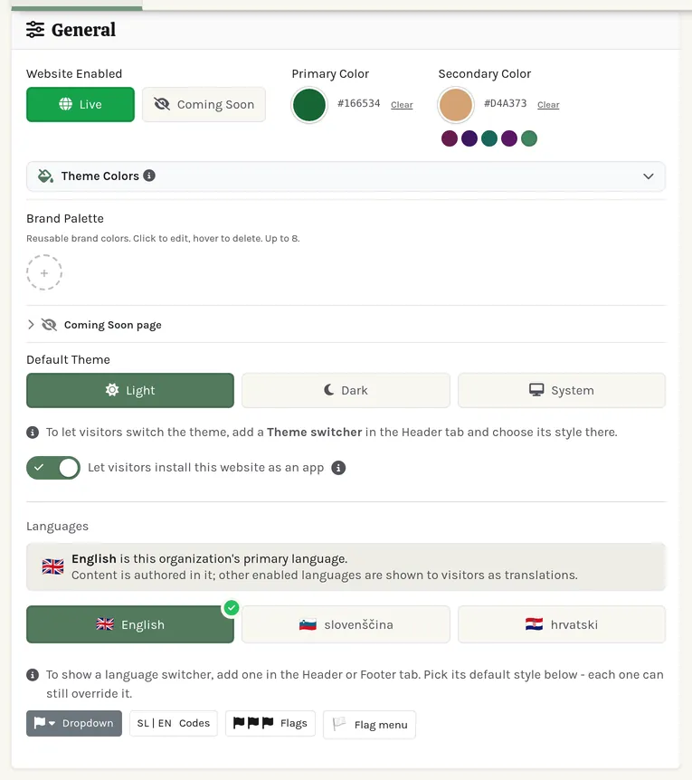 The General card: Live or Coming Soon, and your two brand colors.