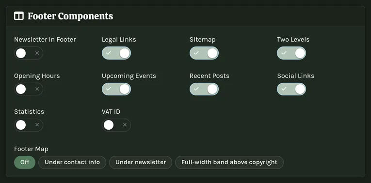 The footer component toggles with their status pills.