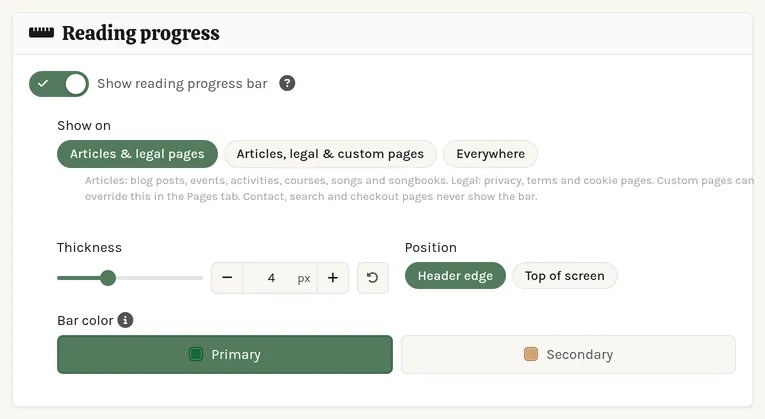 The Reading progress card: the switch, where the bar shows, its color, thickness and position.