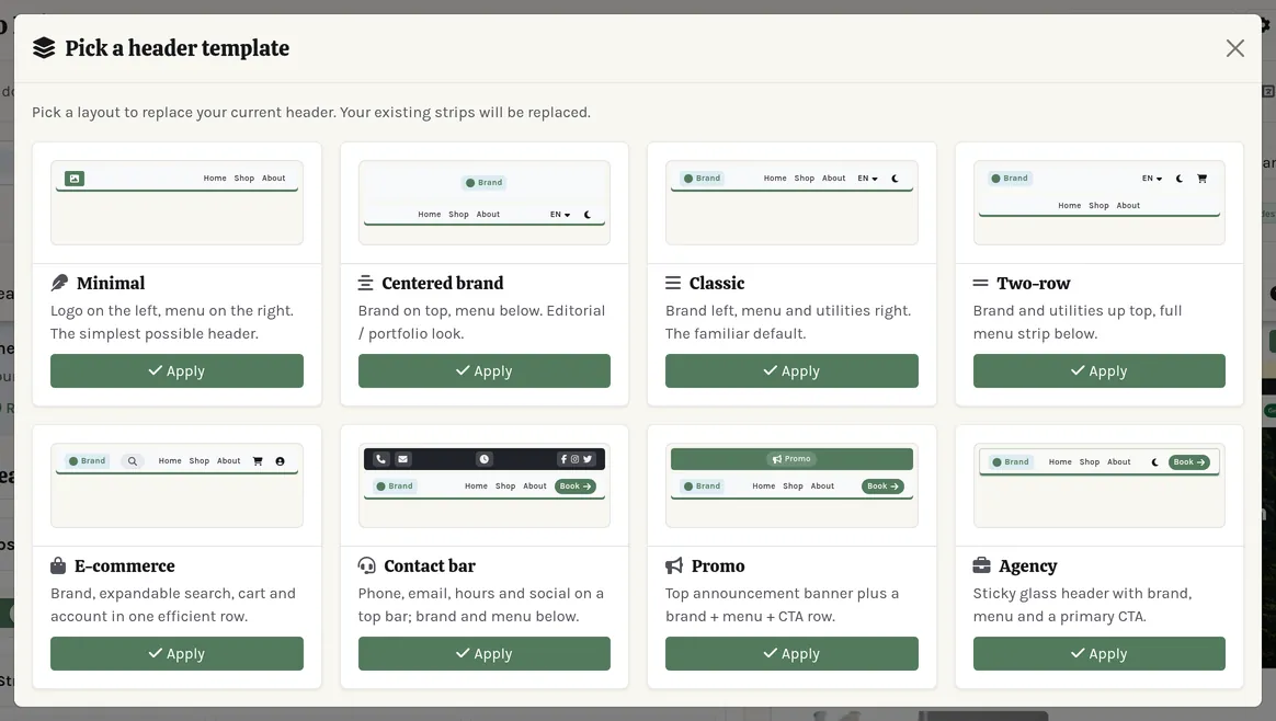 The eight header templates.