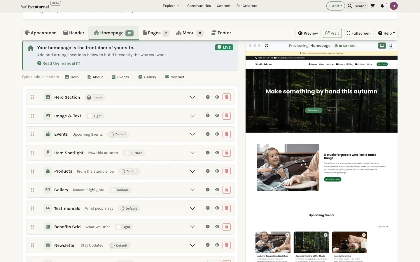 The Homepage tab: the section stack.