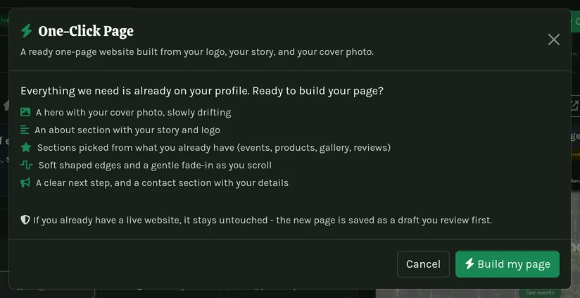 The One-Click Page dialog.