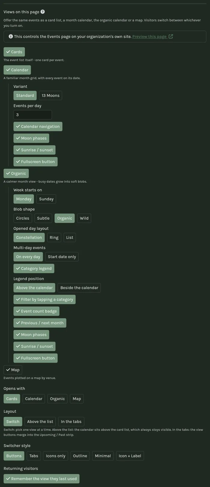 The Page presentation card on an Events menu row, with the view switcher open.