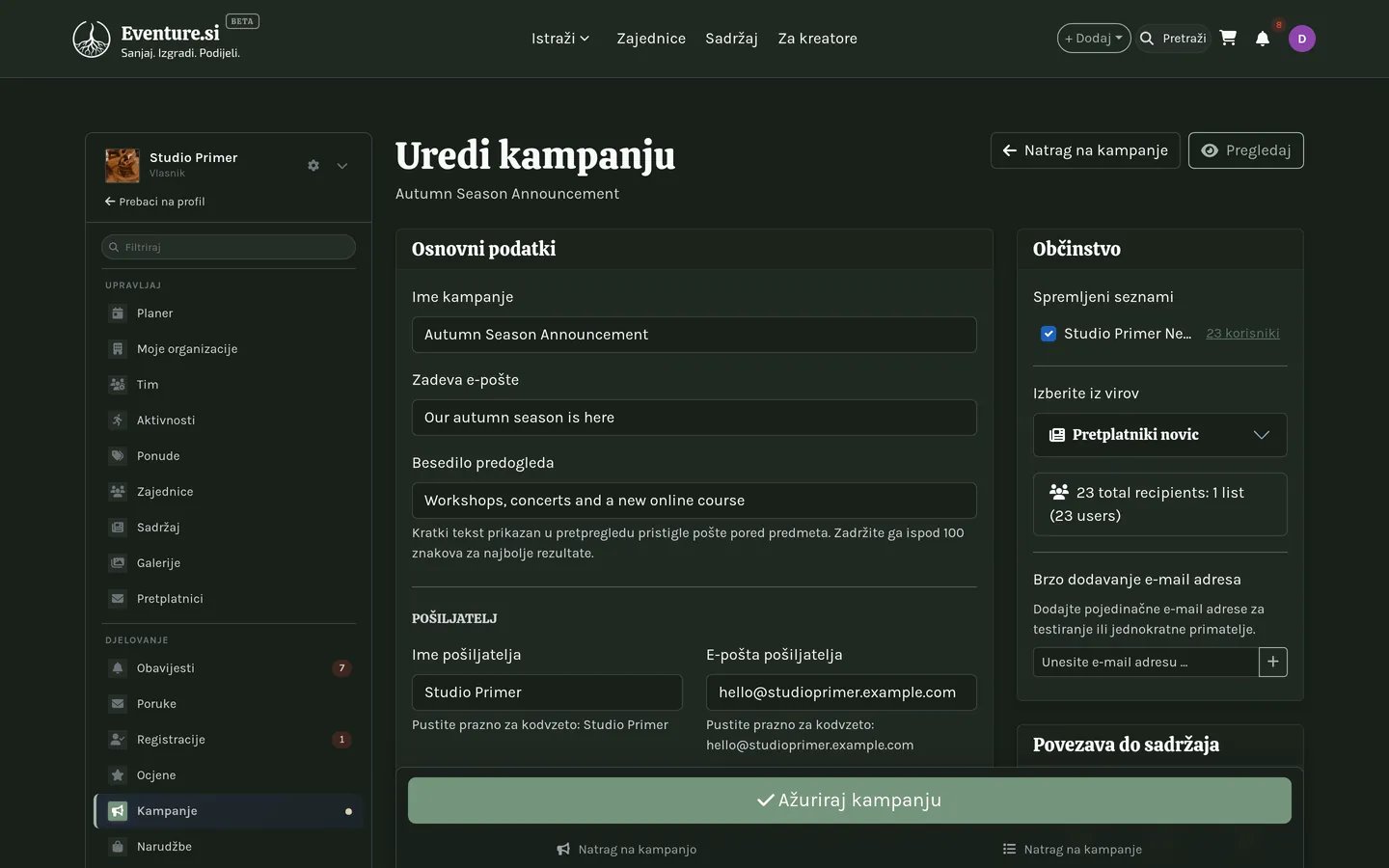 Uređivač kampanje s priloženim popisom i spremnim testnim slanjem.