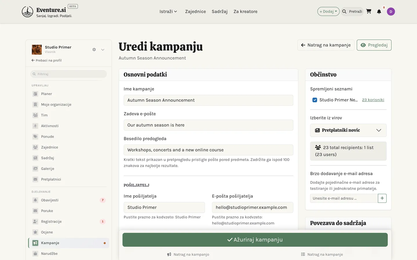 Uređivač kampanje s priloženim popisom i spremnim testnim slanjem.
