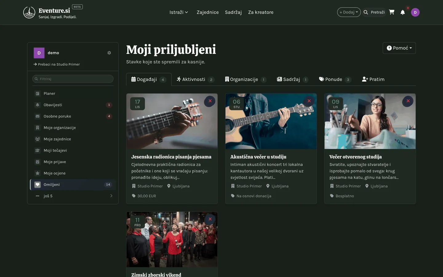Omiljeno: spremljene stavke koje možete filtrirati po vrsti.