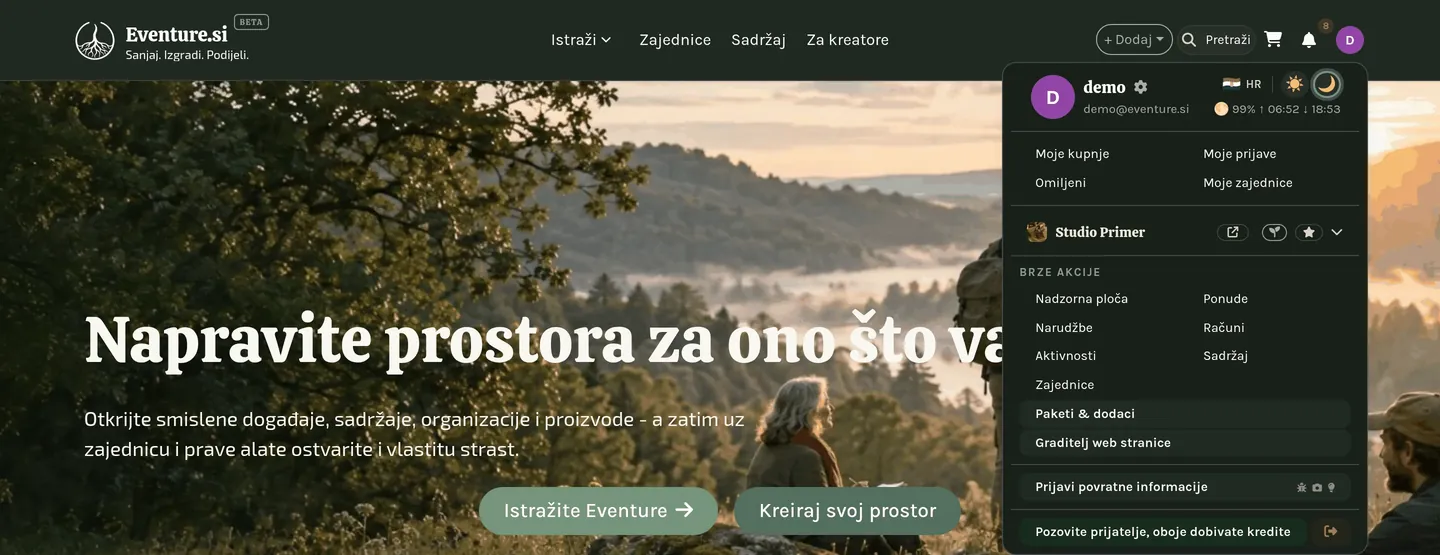 Izbornik s avatarom: osobne stavke iznad razdjelnice, vaša organizacija ispod nje.