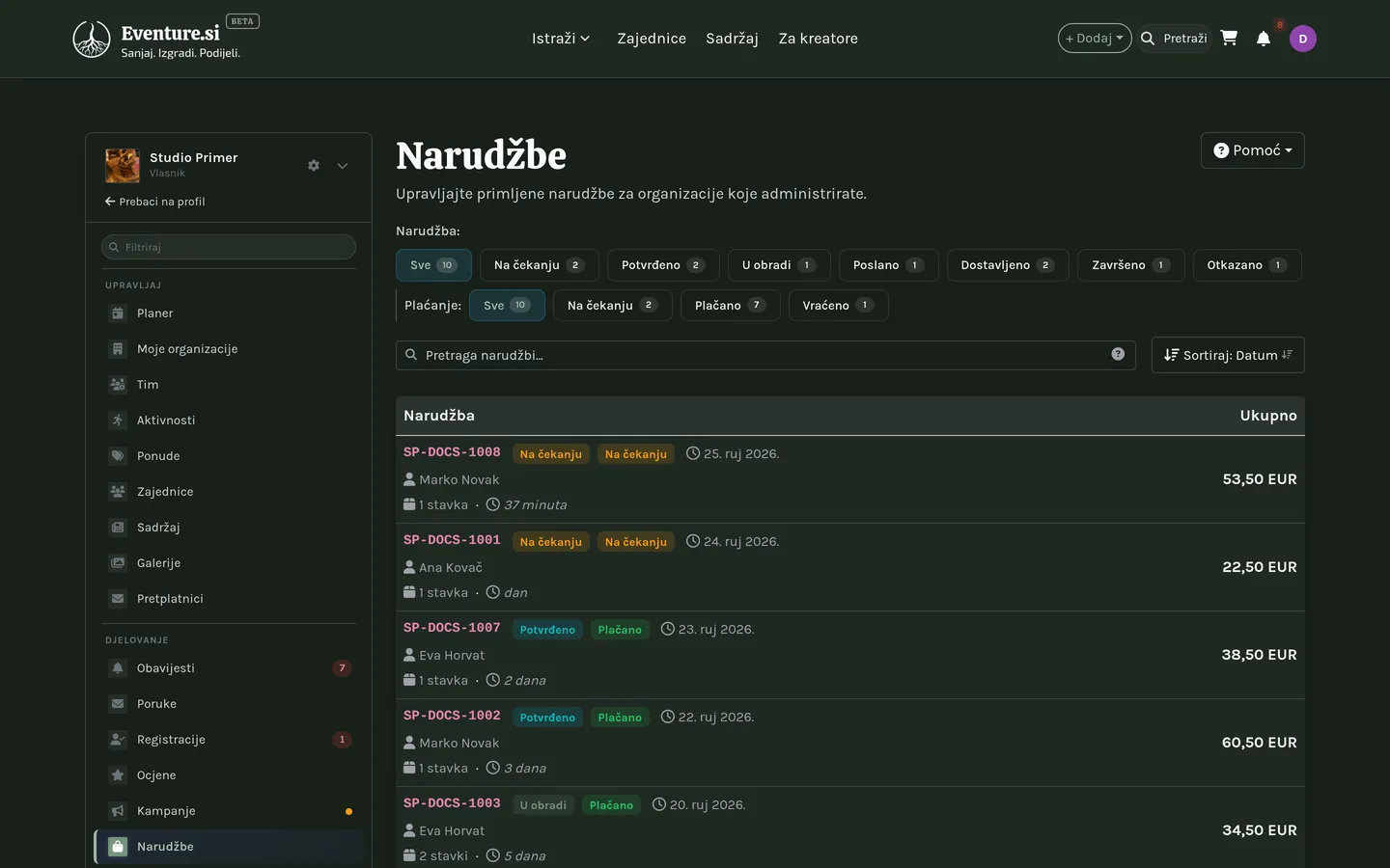 Moje narudžbe: popis narudžbi s filtrima stanja.