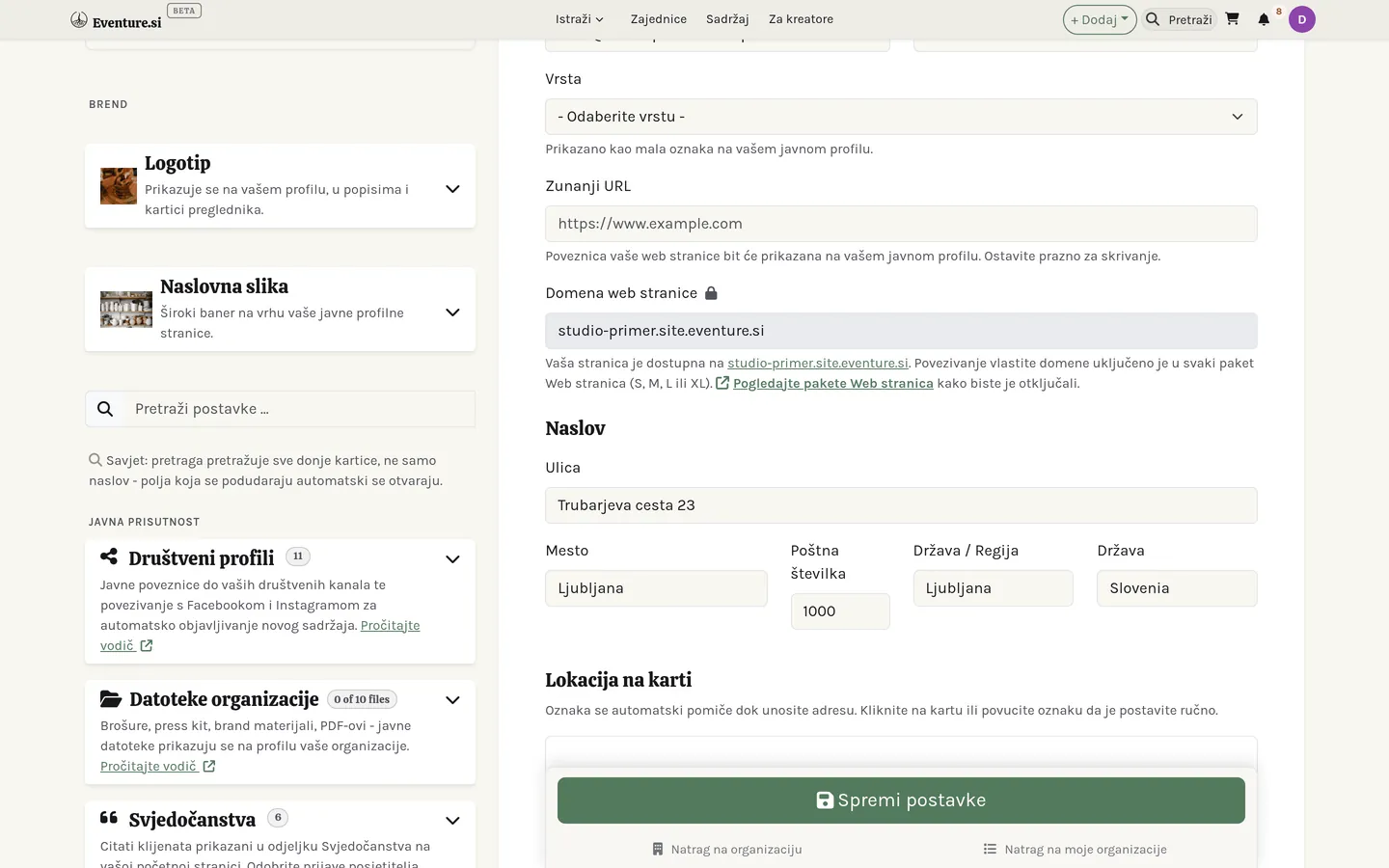 Desna bočna traka stranice Postavke: kartice Brend, Javna prisutnost, Publika i marketing te Novac i pravno, svaka sa svojom ikonom pomoći.