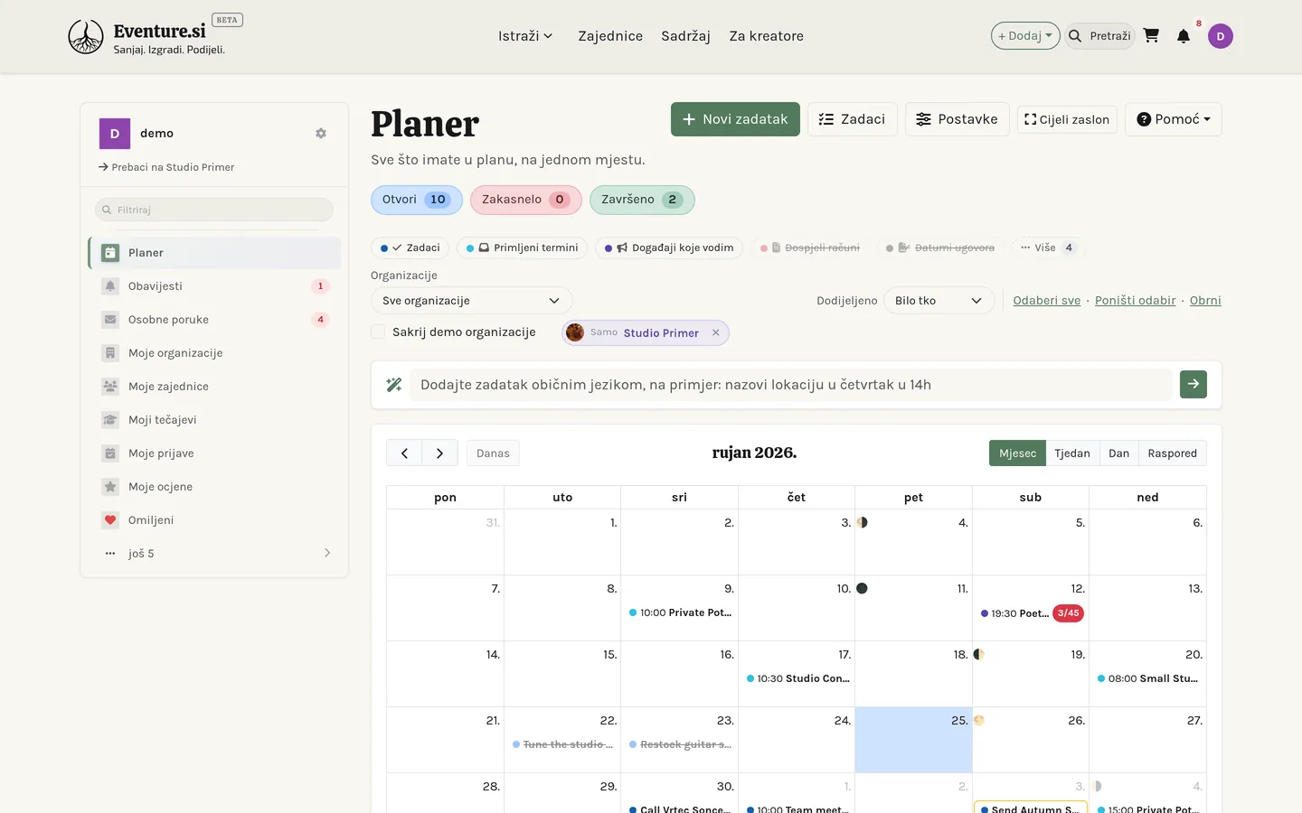 Planer: kalendar s gumbima izvora i otvorenim okvirom za brzo dodavanje.