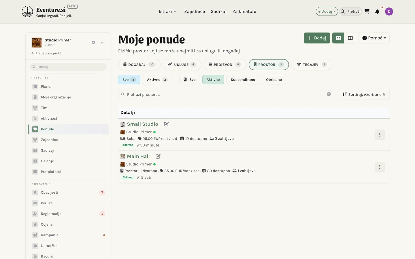 Moji prostori: popis dvorana, studija i opreme koje iznajmljujete.