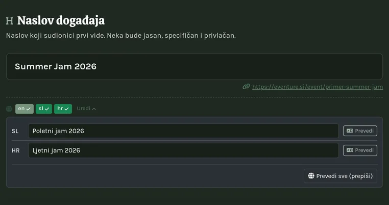 Red značaka za prijevod ispod polja, usred prevođenja.