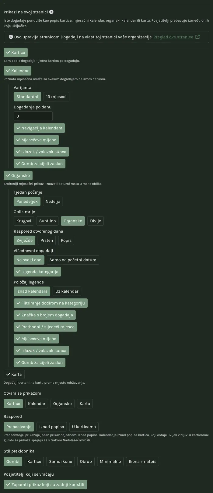 Kartica Prezentacija stranice na retku izbornika Događaji, s otvorenim preklopnikom pogleda.
