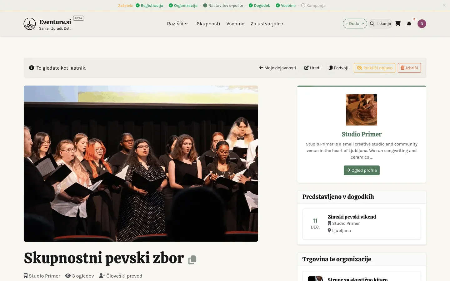 Moje aktivnosti: aktivnost s povezanimi dogodki.