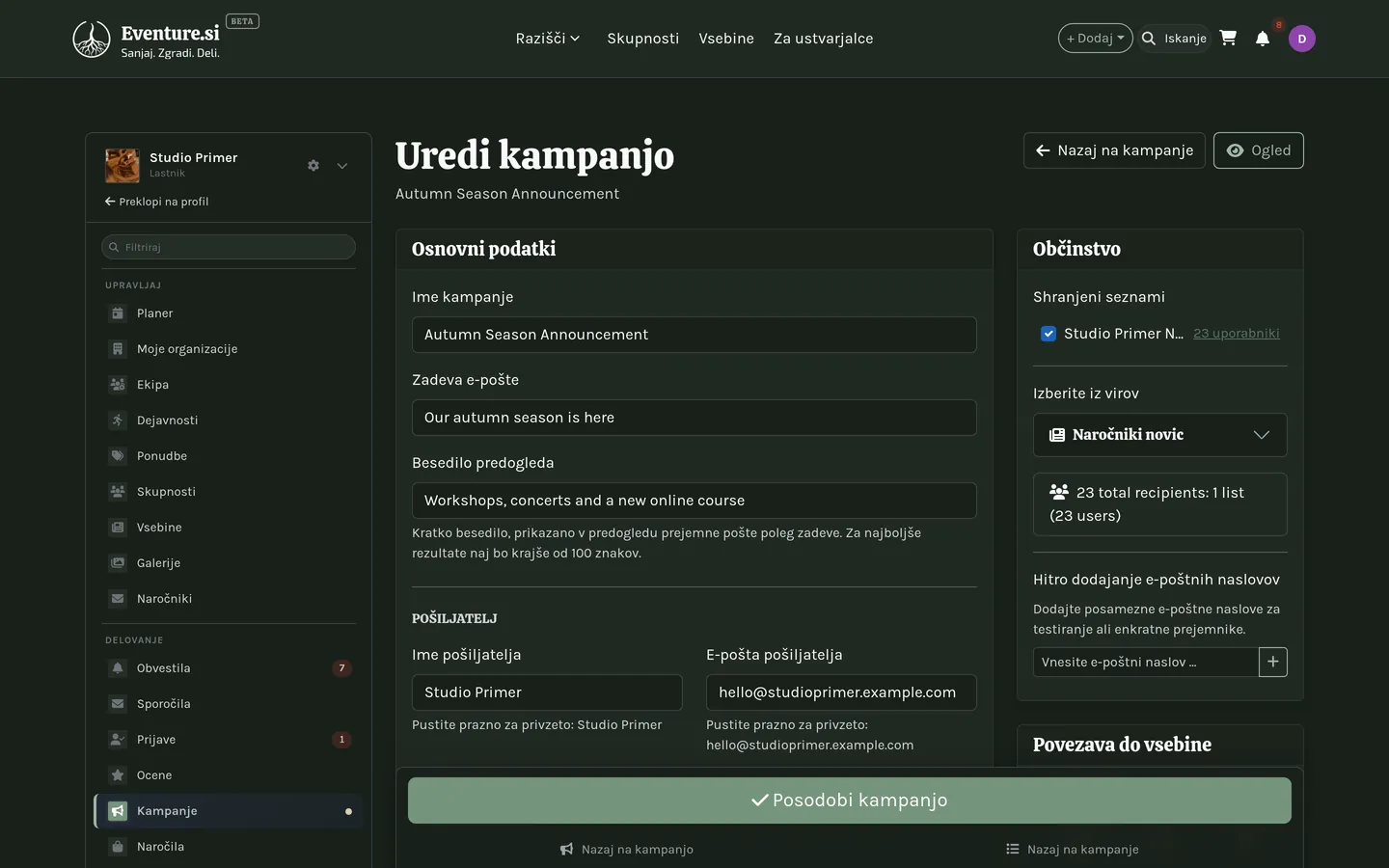 Urejevalnik kampanje s pripetim seznamom in pripravljenim testnim pošiljanjem.