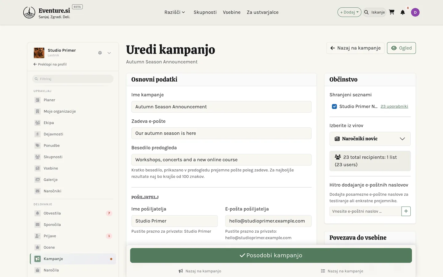 Urejevalnik kampanje s pripetim seznamom in pripravljenim testnim pošiljanjem.