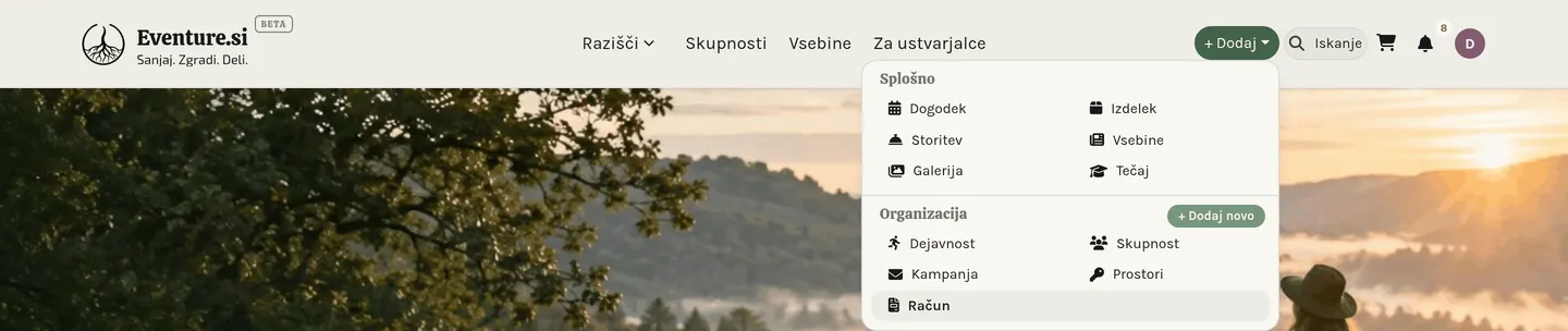 Odprt meni + Dodaj, ki prikazuje, kaj lahko trenutno ustvarite.