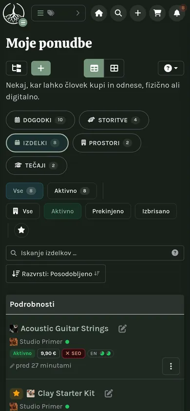 Ista stran razdelka Moje na telefonu: stranska vrstica strnjena v predal.