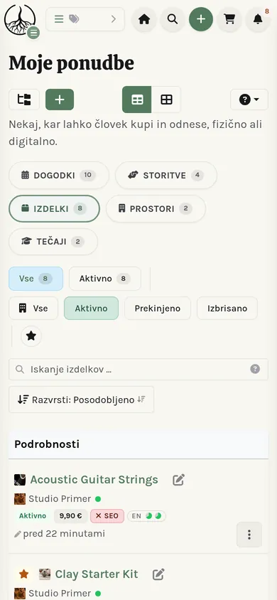 Ista stran razdelka Moje na telefonu: stranska vrstica strnjena v predal.