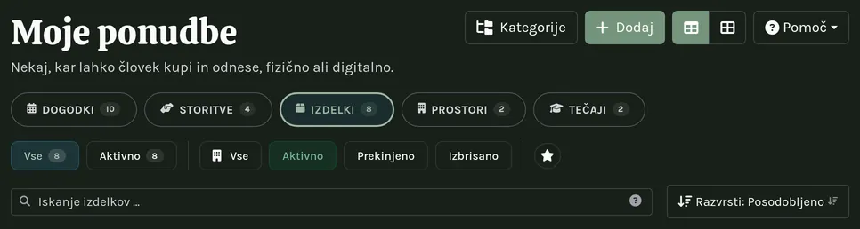 Podrobnejši pogled glave strani: naslov, dejanja, gumb Pomoč in zavihki filtrov.
